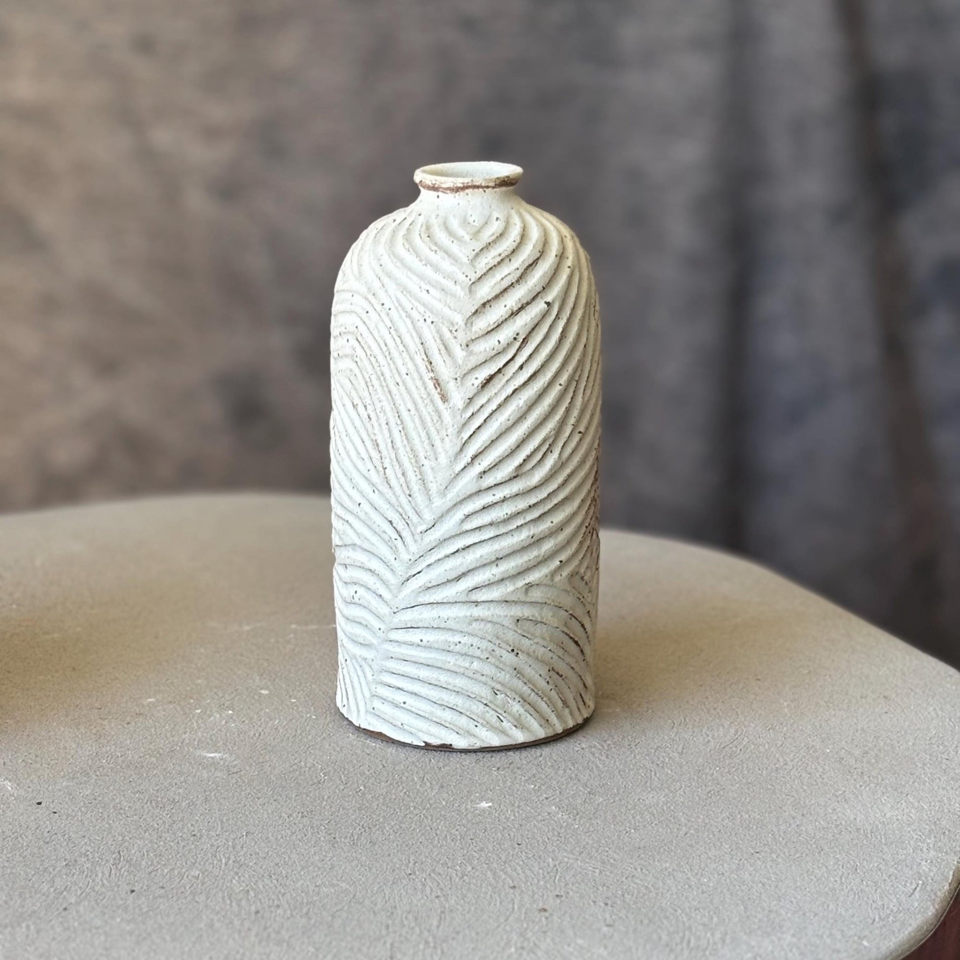 Handmade Decorative Ceramic Vase with Narrow Spout – White Glazed and Hand Carved Pottery - Vakili Art