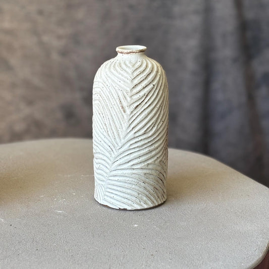 Handmade Decorative Ceramic Vase with Narrow Spout – White Glazed and Hand Carved Pottery - Vakili Art