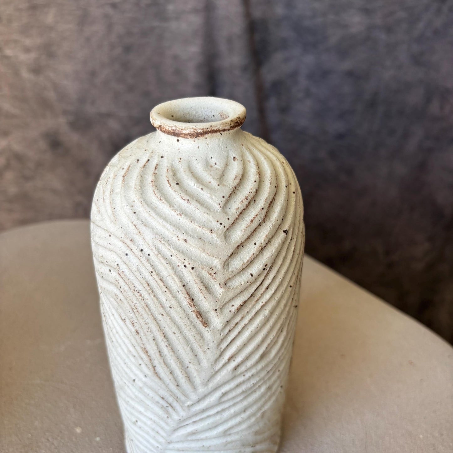 Handmade Decorative Ceramic Vase with Narrow Spout – White Glazed and Hand Carved Pottery - Vakili Art