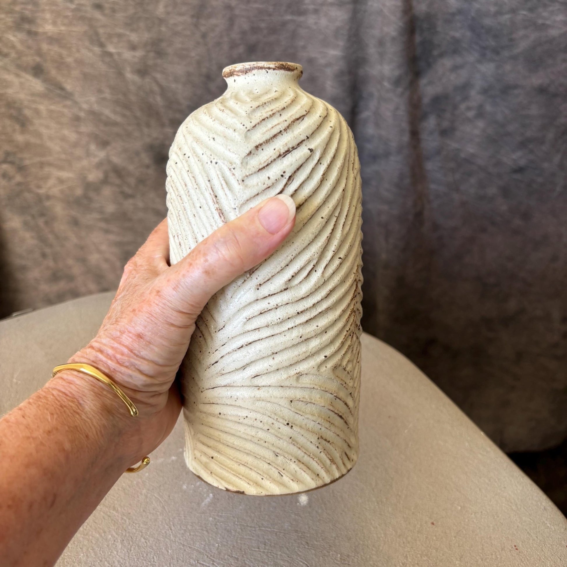 Handmade Decorative Ceramic Vase with Narrow Spout – White Glazed and Hand Carved Pottery - Vakili Art