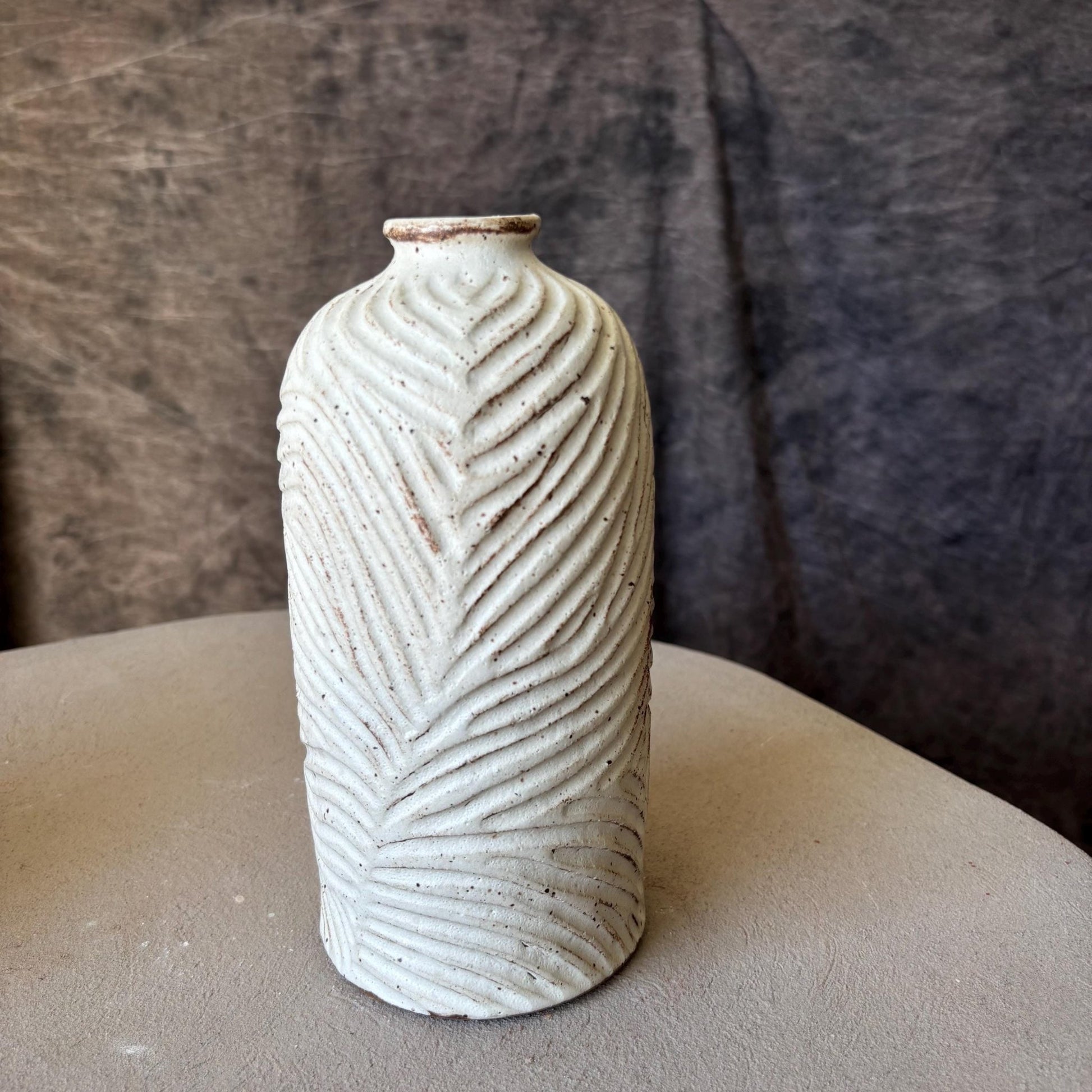 Handmade Decorative Ceramic Vase with Narrow Spout – White Glazed and Hand Carved Pottery - Vakili Art