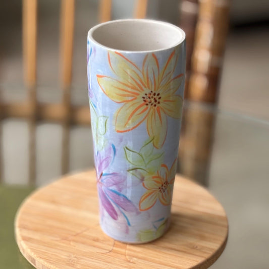 Handmade Floral Ceramic Vase: Handpainted Pottery - Blue, Purple, Green - Vakili Art