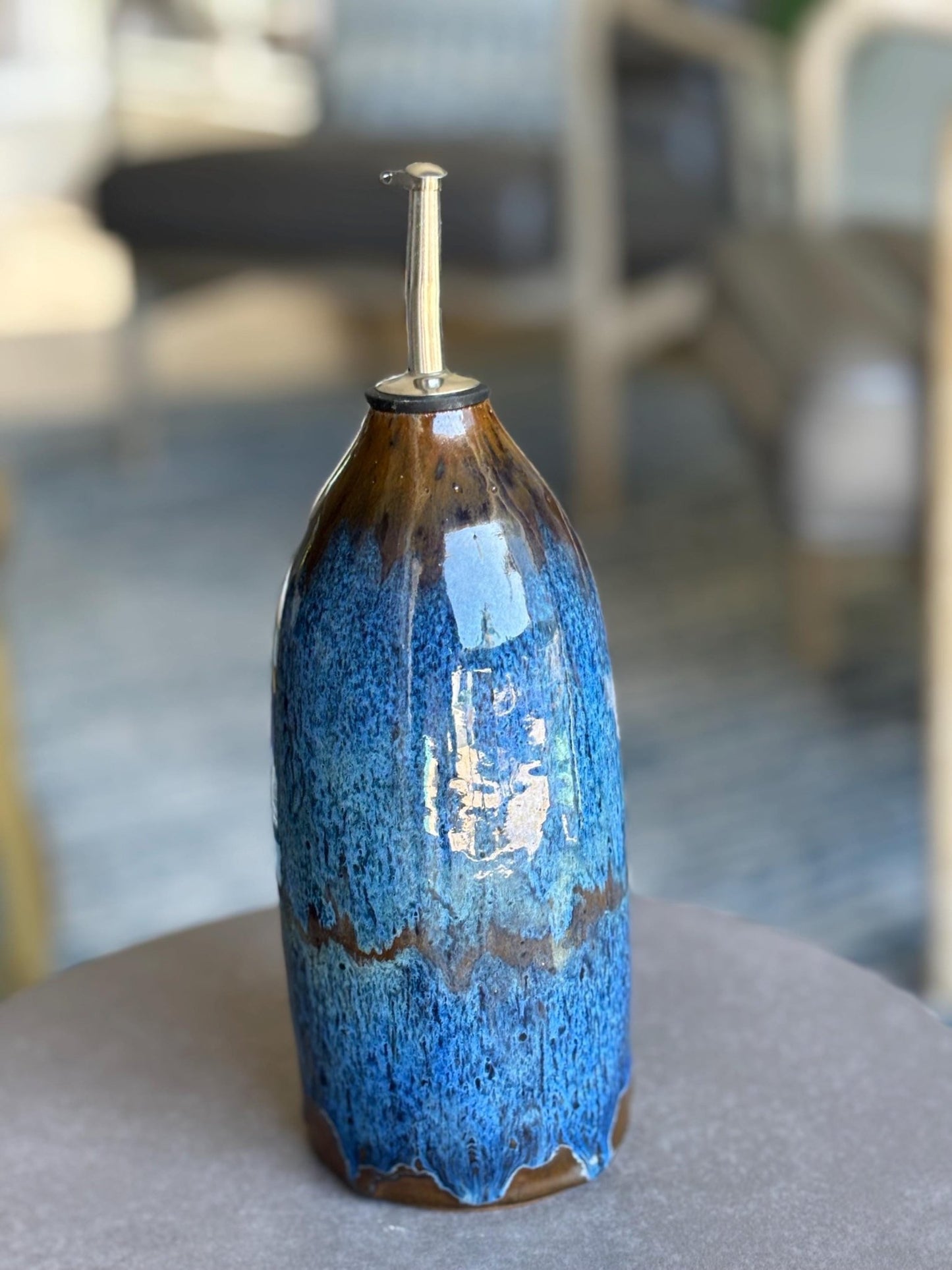 Handmade Olive Oil Bottle – Blue and Brown Glazed Ceramic Dispenser, Pottery Kitchen Decor, Refillable Oil Cruet for Cooking or Display - Vakili Art