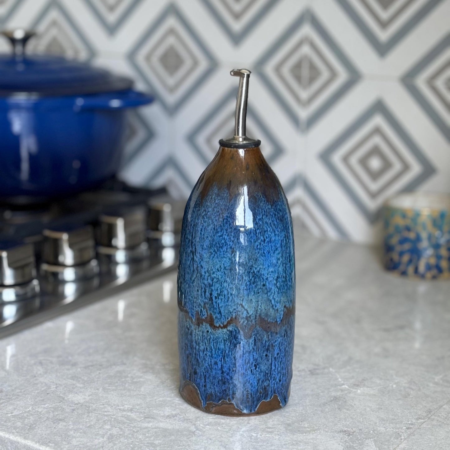 Handmade Olive Oil Bottle – Blue and Brown Glazed Ceramic Dispenser, Pottery Kitchen Decor, Refillable Oil Cruet for Cooking or Display - Vakili Art