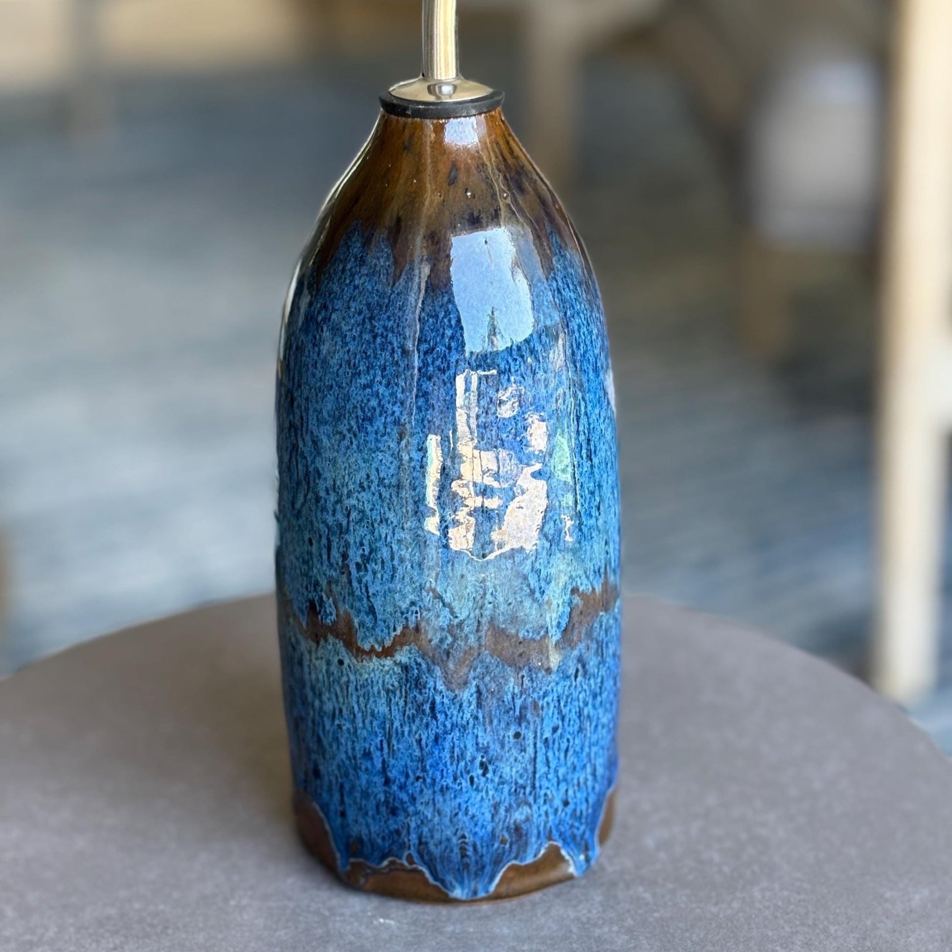 Handmade Olive Oil Bottle – Blue and Brown Glazed Ceramic Dispenser, Pottery Kitchen Decor, Refillable Oil Cruet for Cooking or Display - Vakili Art