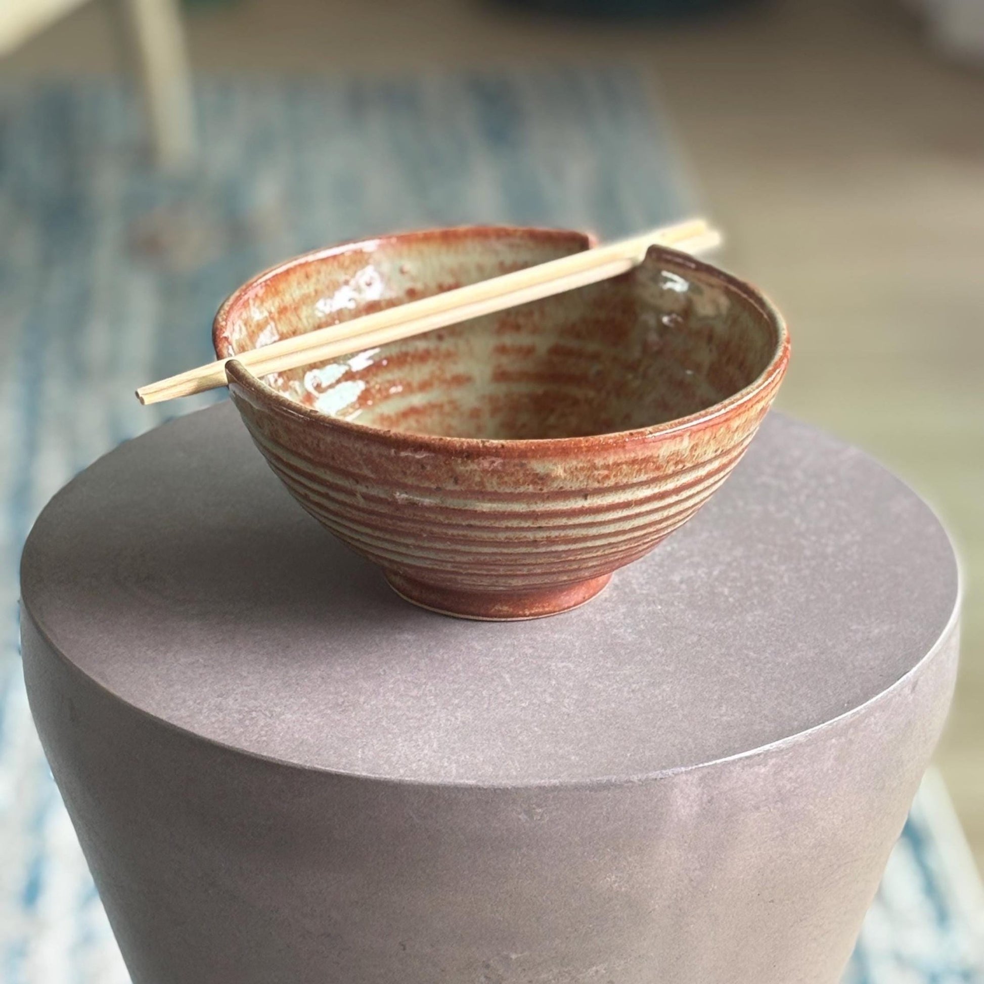 Handmade Ramen Bowl with Chopstick Rest Cutouts | Green and Rust Shino Ceramic Pottery Bowl - Vakili Art