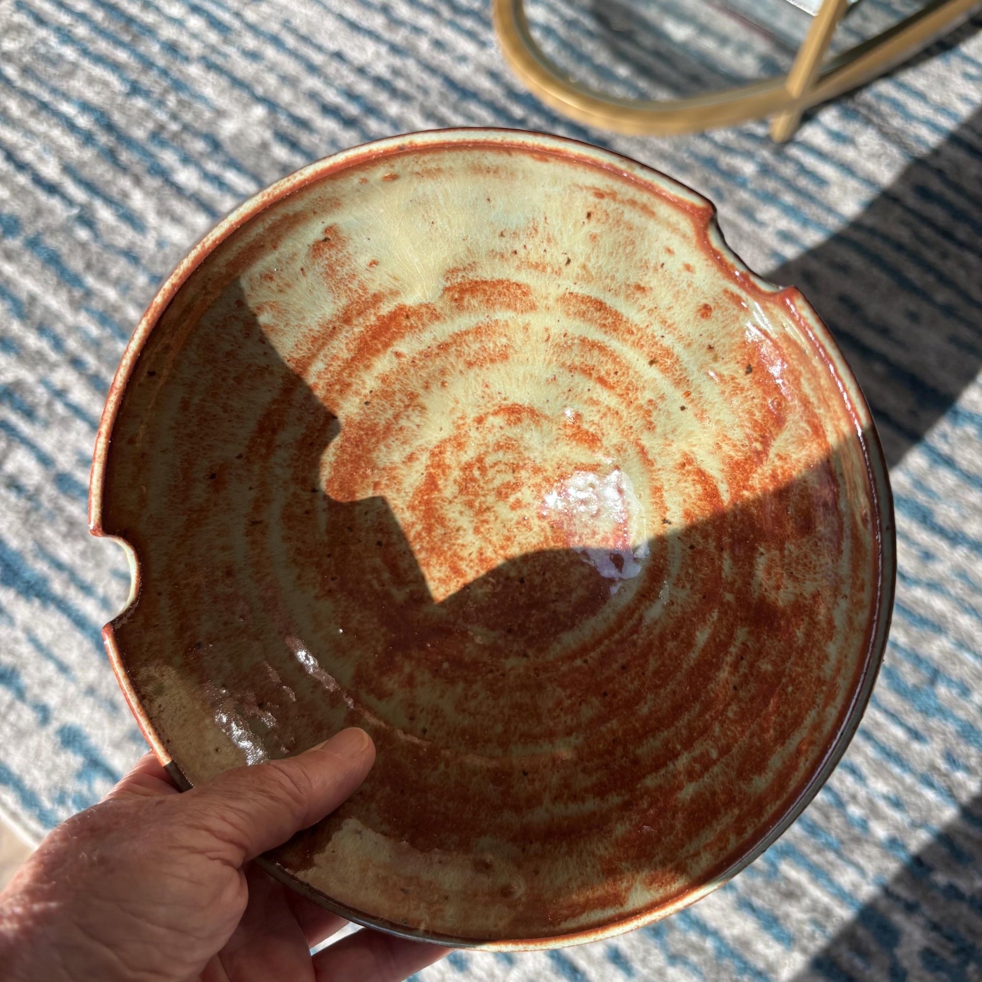 Handmade Ramen Bowl with Chopstick Rest Cutouts | Green and Rust Shino Ceramic Pottery Bowl - Vakili Art