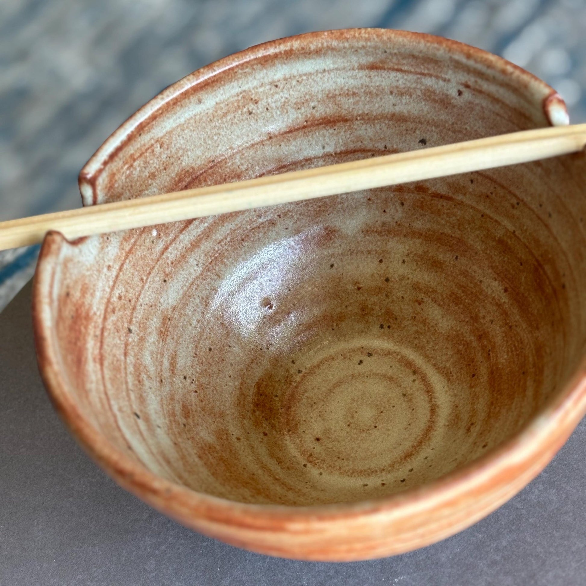 Handmade Ramen Bowl with Chopstick Rest Cutouts | White and Rust Shino Ceramic Pottery Bowl - Vakili Art