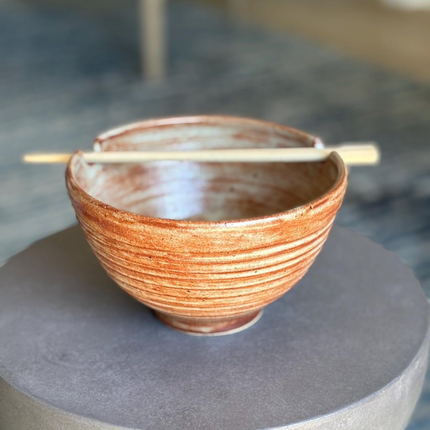 Handmade Ramen Bowl with Chopstick Rest Cutouts | White and Rust Shino Ceramic Pottery Bowl - Vakili Art