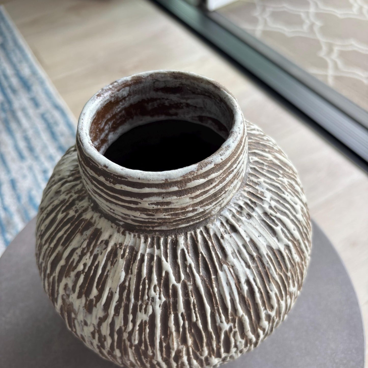 Handmade Round Ceramic Vase – Modern Rustic Hand Carved Brown and White Pottery Vase, Organic Matte Glaze - Vakili Art
