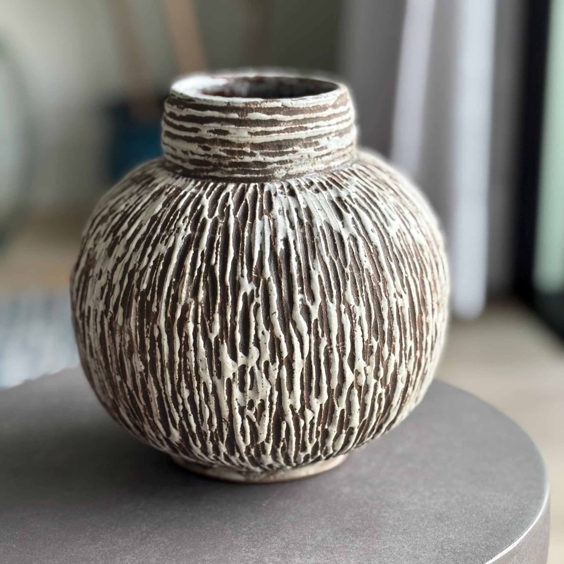 Handmade Round Ceramic Vase – Modern Rustic Hand Carved Brown and White Pottery Vase, Organic Matte Glaze - Vakili Art