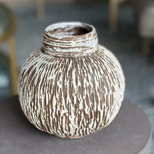 Handmade Round Ceramic Vase – Modern Rustic Hand Carved Brown and White Pottery Vase, Organic Matte Glaze - Vakili Art