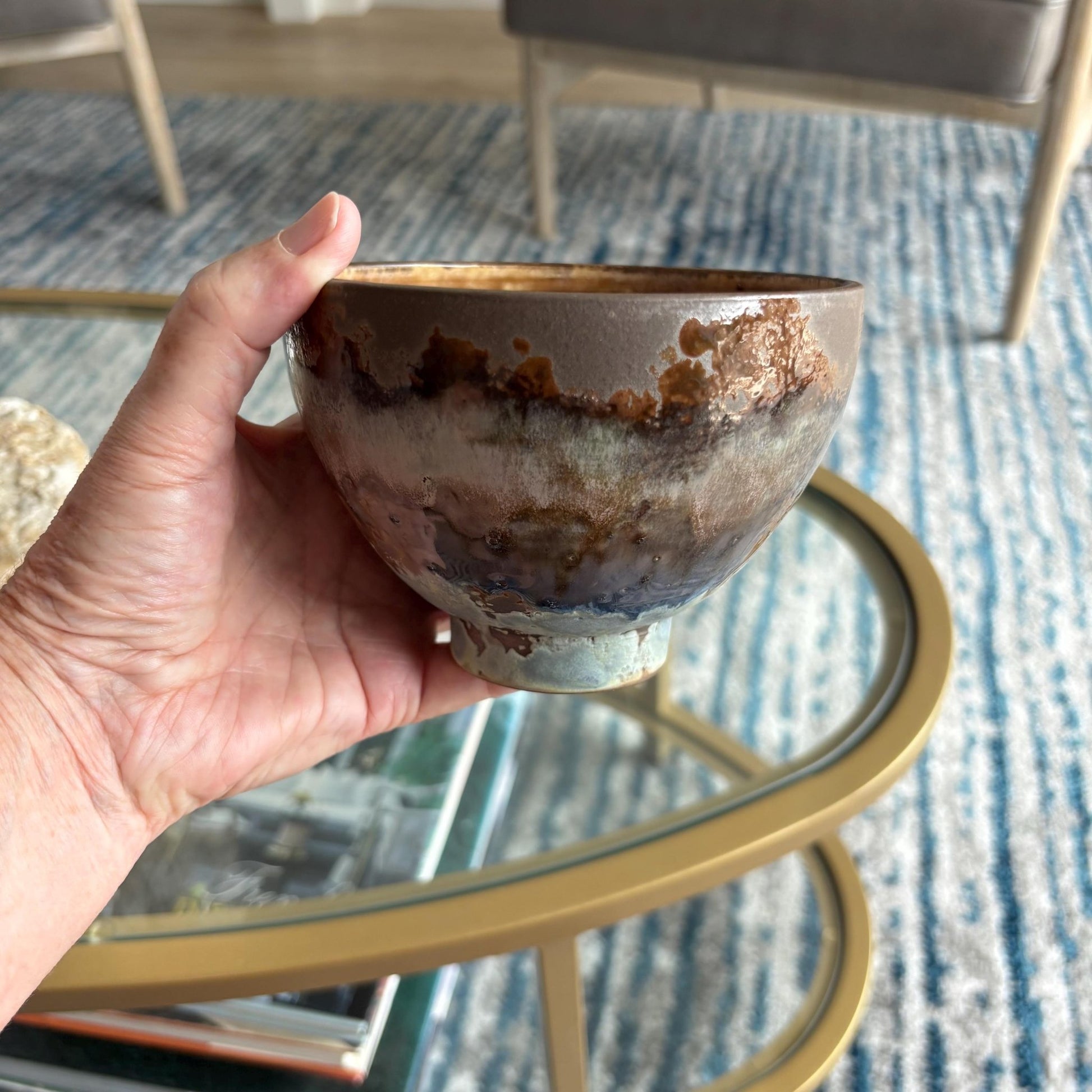 Handmade Rustic Ceramic Bowl – Decorative Candy or Trinket Dish – Earthy Brown and Blue Pottery - Vakili Art