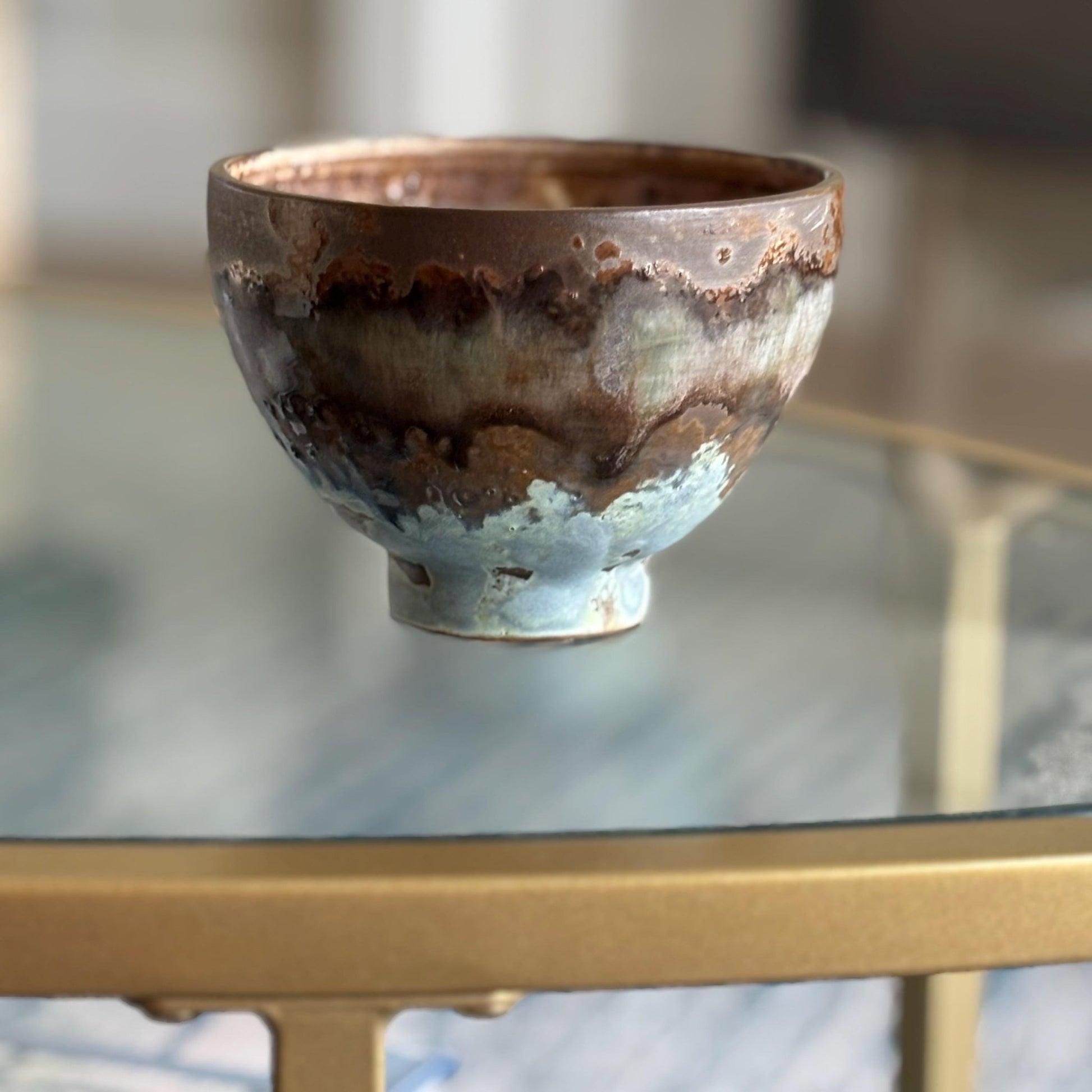 Handmade Rustic Ceramic Bowl – Decorative Candy or Trinket Dish – Earthy Brown and Blue Pottery - Vakili Art