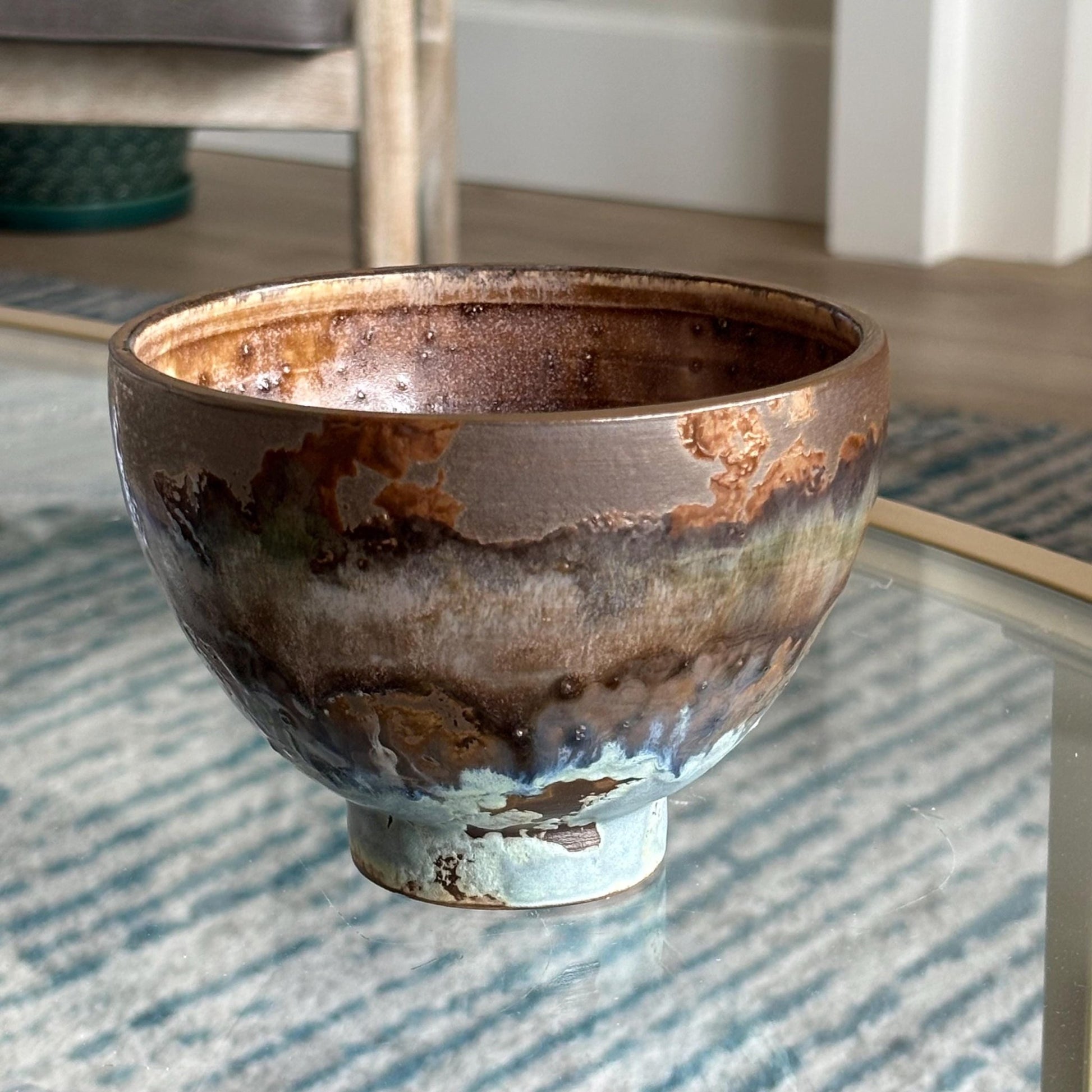 Handmade Rustic Ceramic Bowl – Decorative Candy or Trinket Dish – Earthy Brown and Blue Pottery - Vakili Art