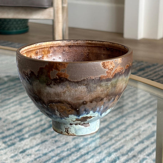 Handmade Rustic Ceramic Bowl – Decorative Candy or Trinket Dish – Earthy Brown and Blue Pottery - Vakili Art