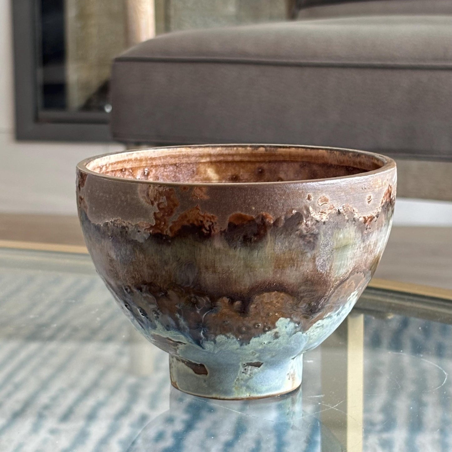 Handmade Rustic Ceramic Bowl – Decorative Candy or Trinket Dish – Earthy Brown and Blue Pottery - Vakili Art