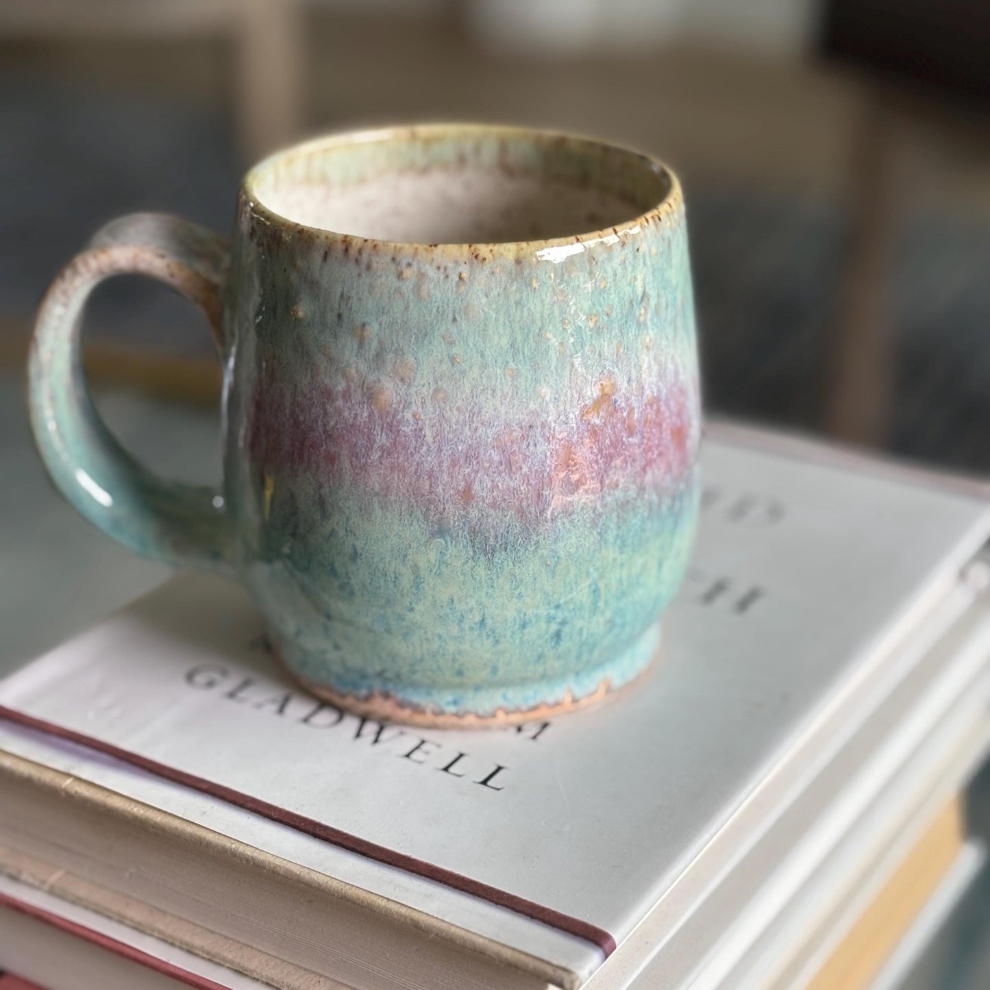 Handmade Rustic Ceramic Coffee Mug: Mint Green & Pink Stoneware - Vakili Art