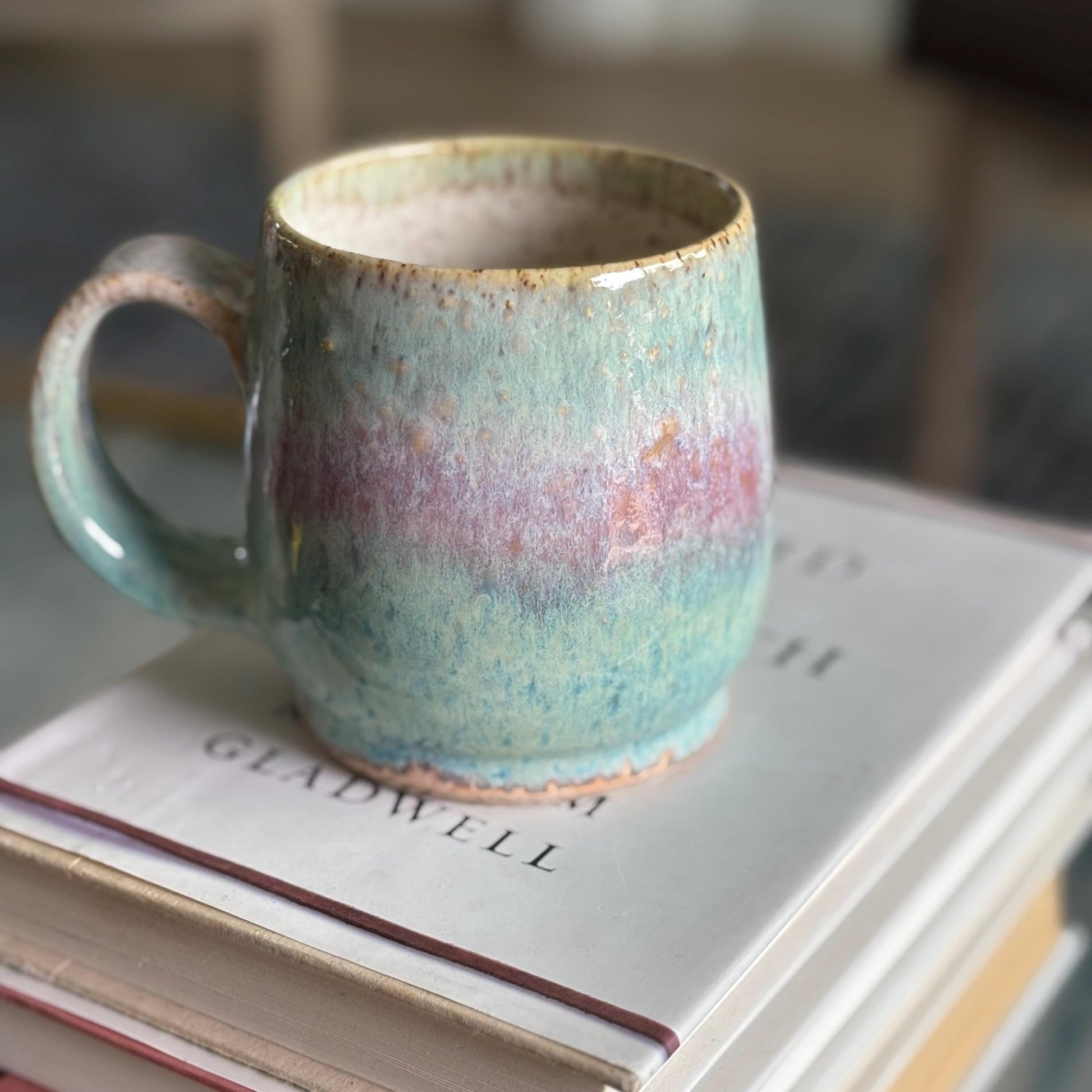 Handmade Rustic Ceramic Coffee Mug: Mint Green & Pink Stoneware - Vakili Art