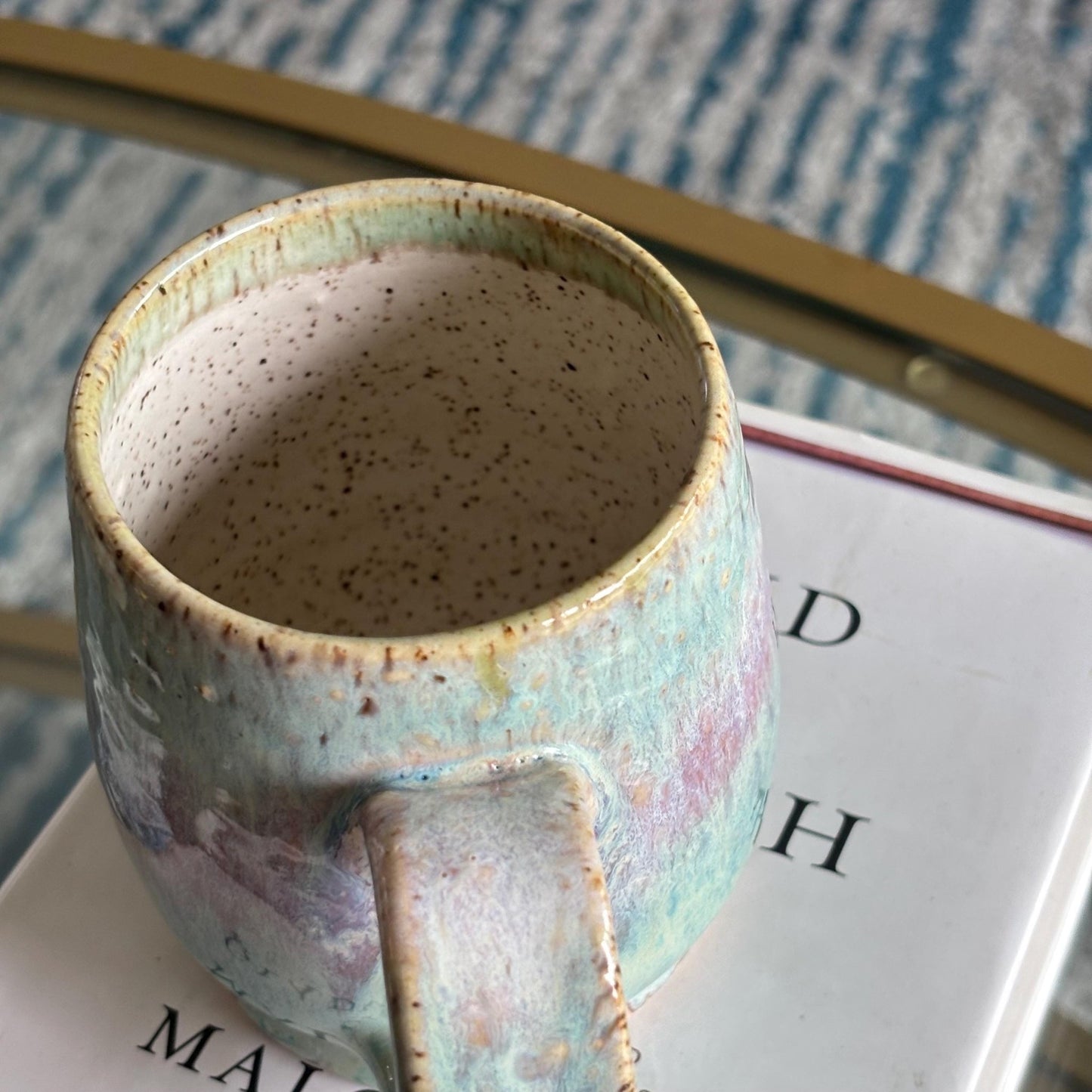 Handmade Rustic Ceramic Coffee Mug: Mint Green & Pink Stoneware - Vakili Art