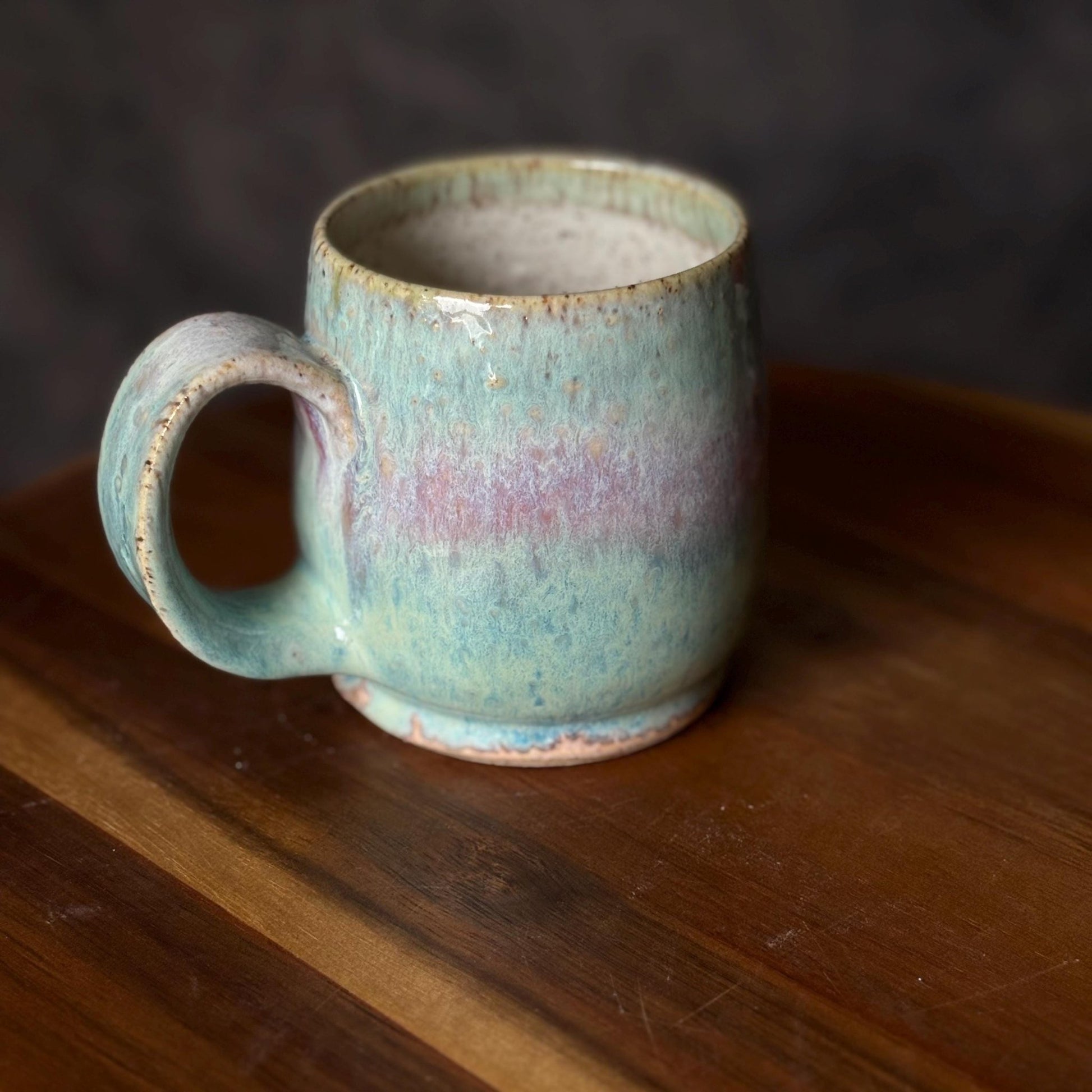 Handmade Rustic Ceramic Coffee Mug: Mint Green & Pink Stoneware - Vakili Art