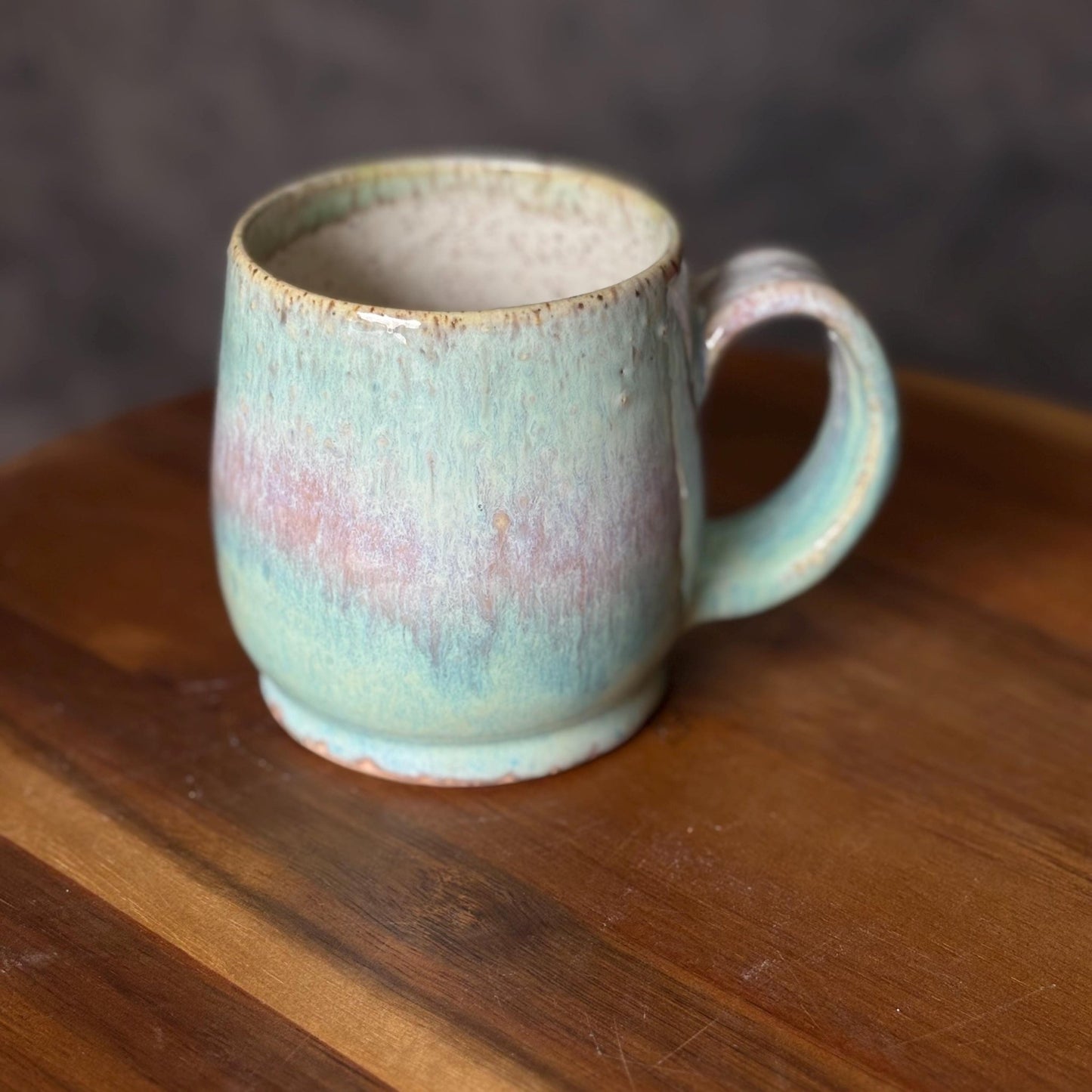 Handmade Rustic Ceramic Coffee Mug: Mint Green & Pink Stoneware - Vakili Art