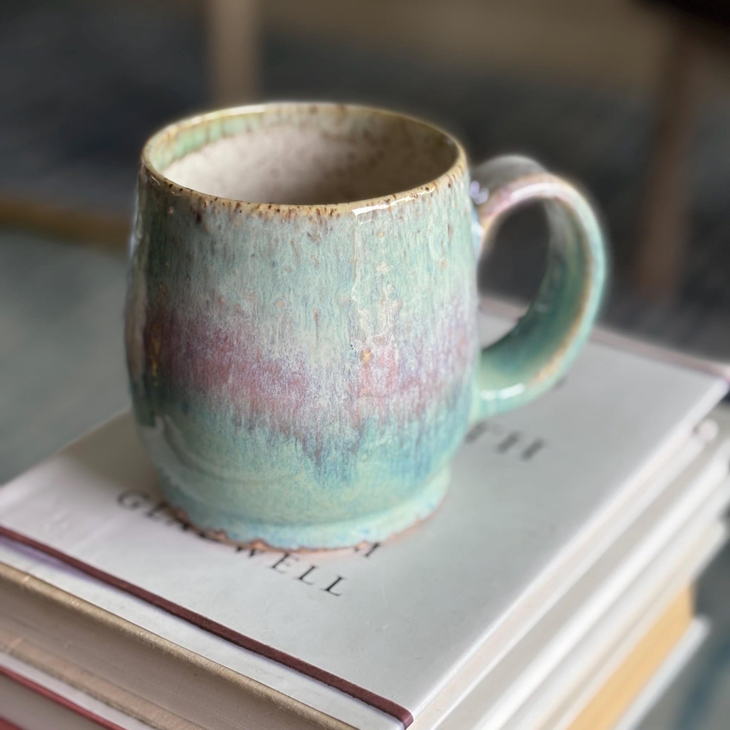 Handmade Rustic Ceramic Coffee Mug: Mint Green & Pink Stoneware - Vakili Art