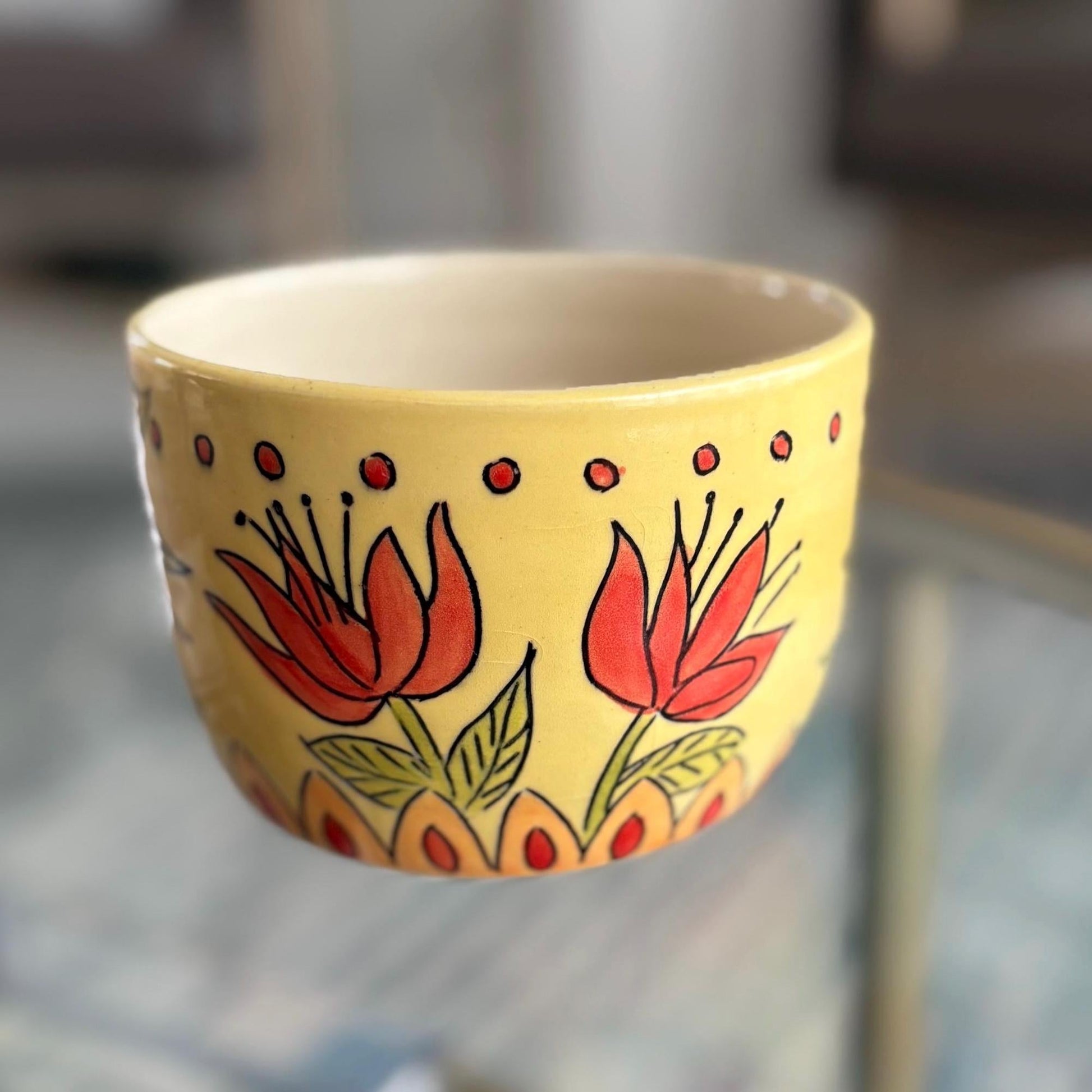 Handmade Yellow Ceramic Planter: Floral Mishima Design, Wheel Thrown Pot - Vakili Art