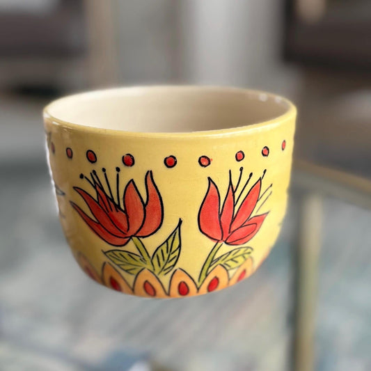 Handmade Yellow Ceramic Planter: Floral Mishima Design, Wheel Thrown Pot - Vakili Art