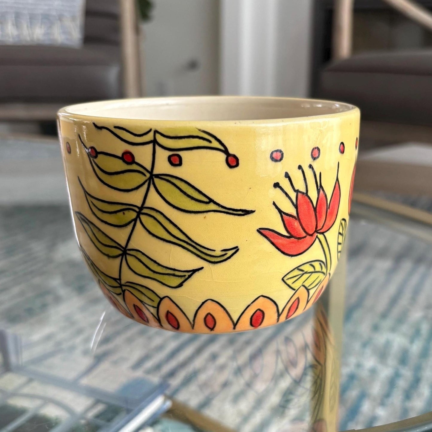 Handmade Yellow Ceramic Planter: Floral Mishima Design, Wheel Thrown Pot - Vakili Art