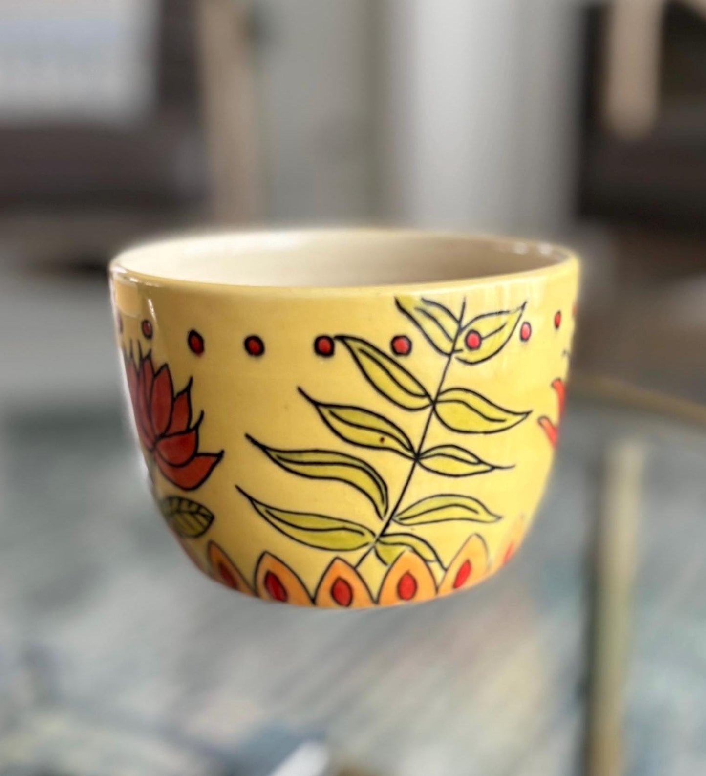 Handmade Yellow Ceramic Planter: Floral Mishima Design, Wheel Thrown Pot - Vakili Art