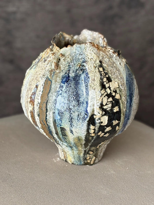 Large Ceramic Moon Jar Vase: Textured Wabi - Sabi Pottery Art - Vakili Art