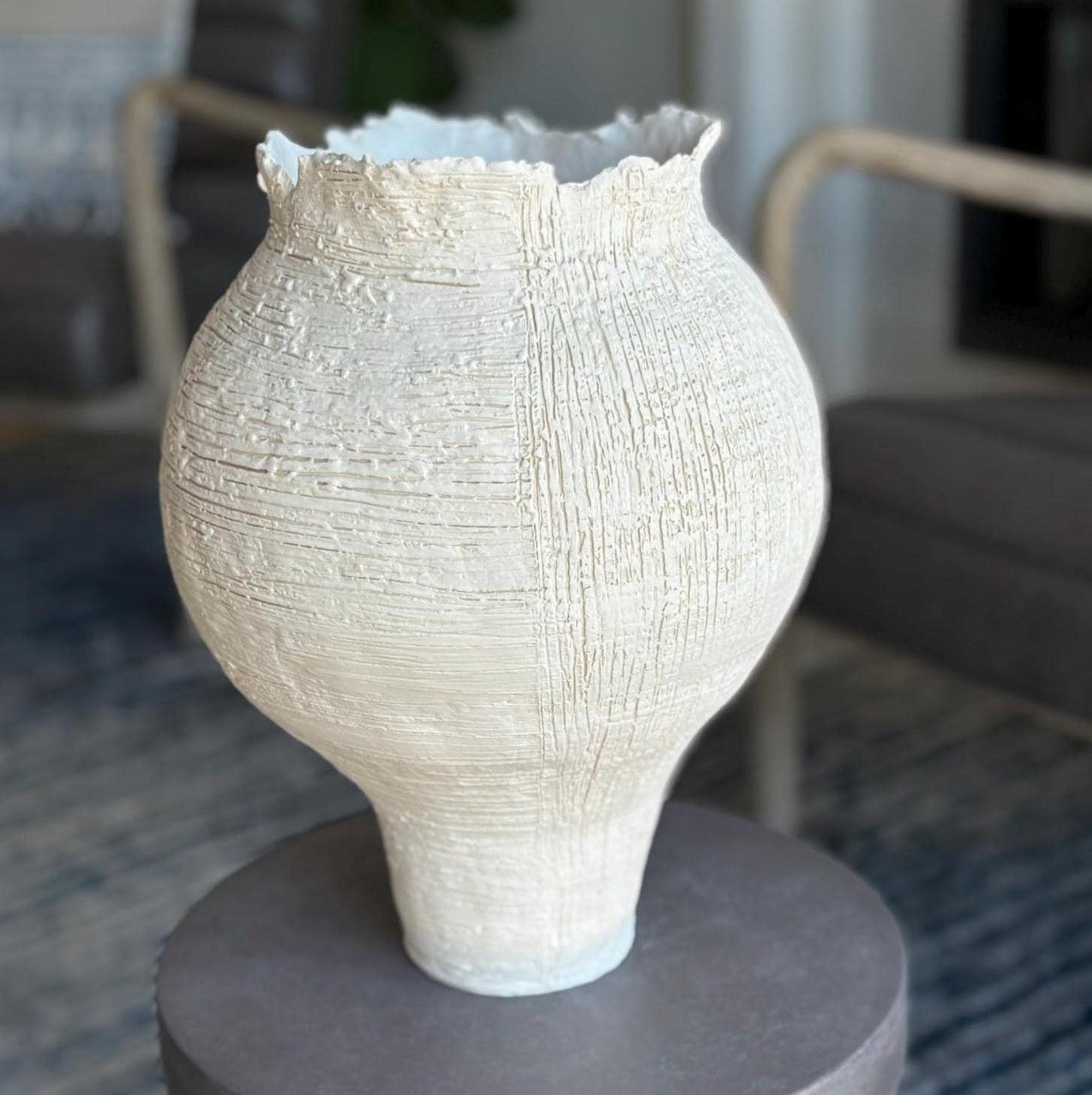Large White Ceramic Vase: Hand - Coiled Textured Stoneware Vessel - Vakili Art