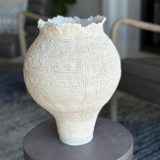 Large White Ceramic Vase: Hand - Coiled Textured Stoneware Vessel - Vakili Art
