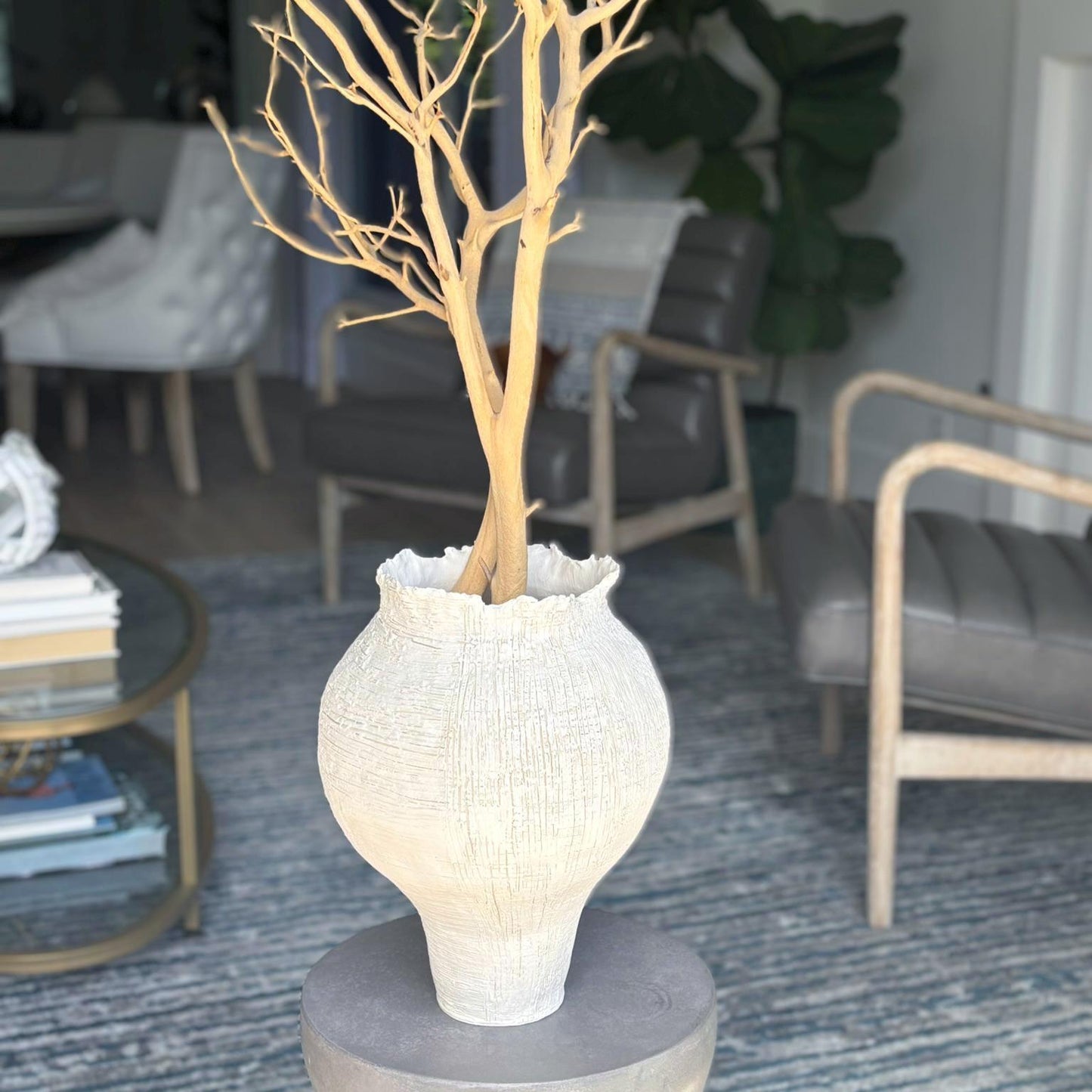 Large White Ceramic Vase: Hand - Coiled Textured Stoneware Vessel - Vakili Art