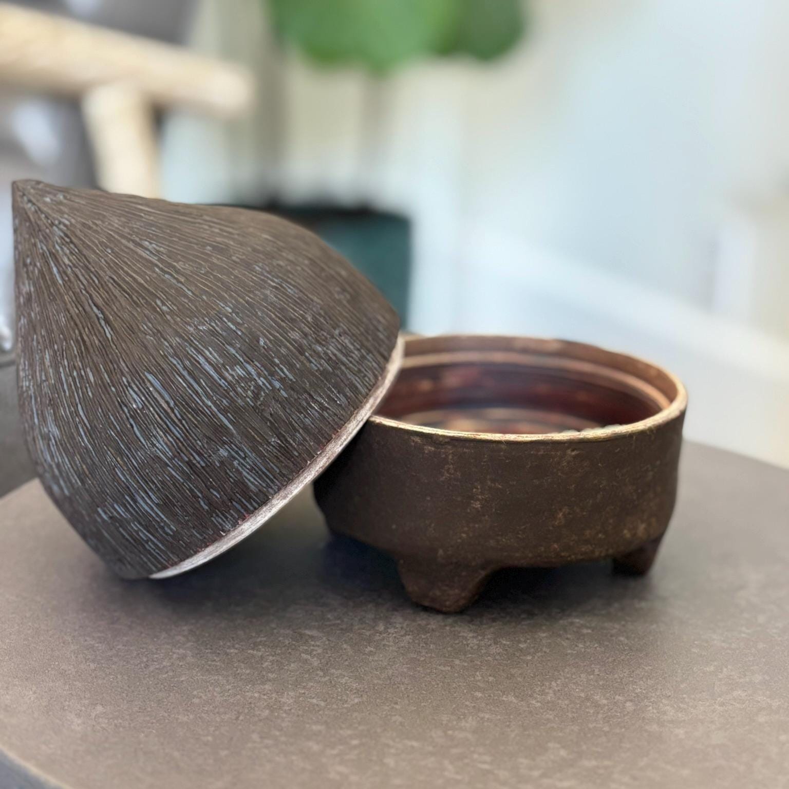 Rustic Ceramic Jar with Lid: Hand - Carved Acorn Stoneware Pottery - Vakili Art