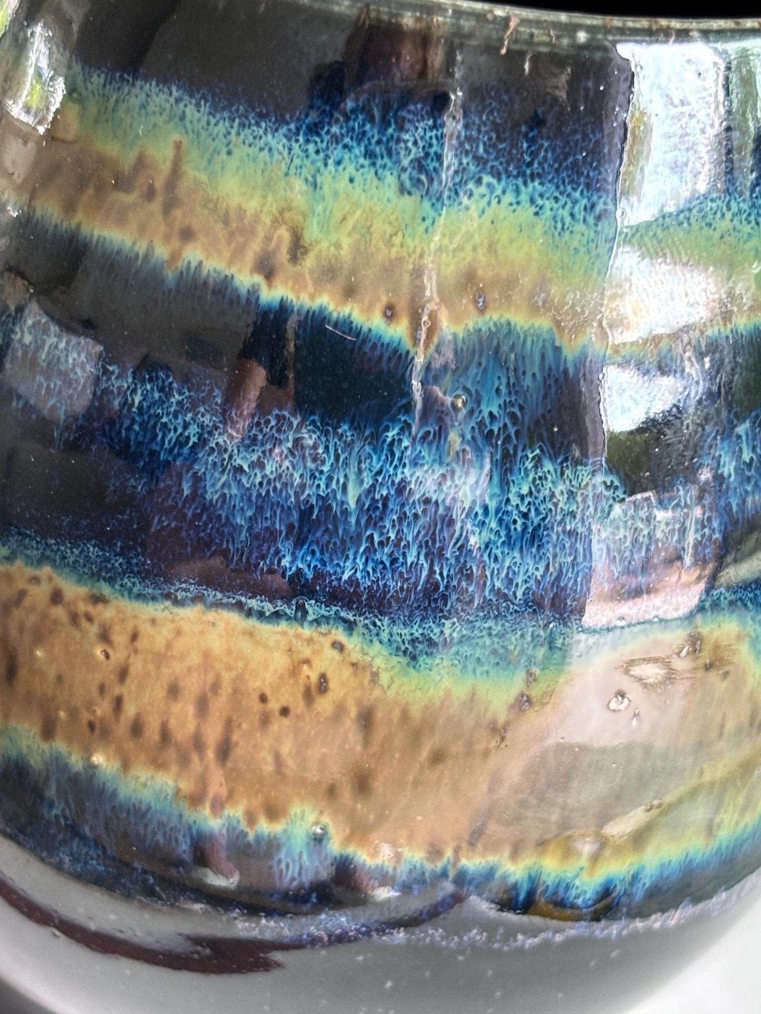 Rustic Handmade Stoneware Mug: Black, Blue & Green Spotty Glaze - Vakili Art