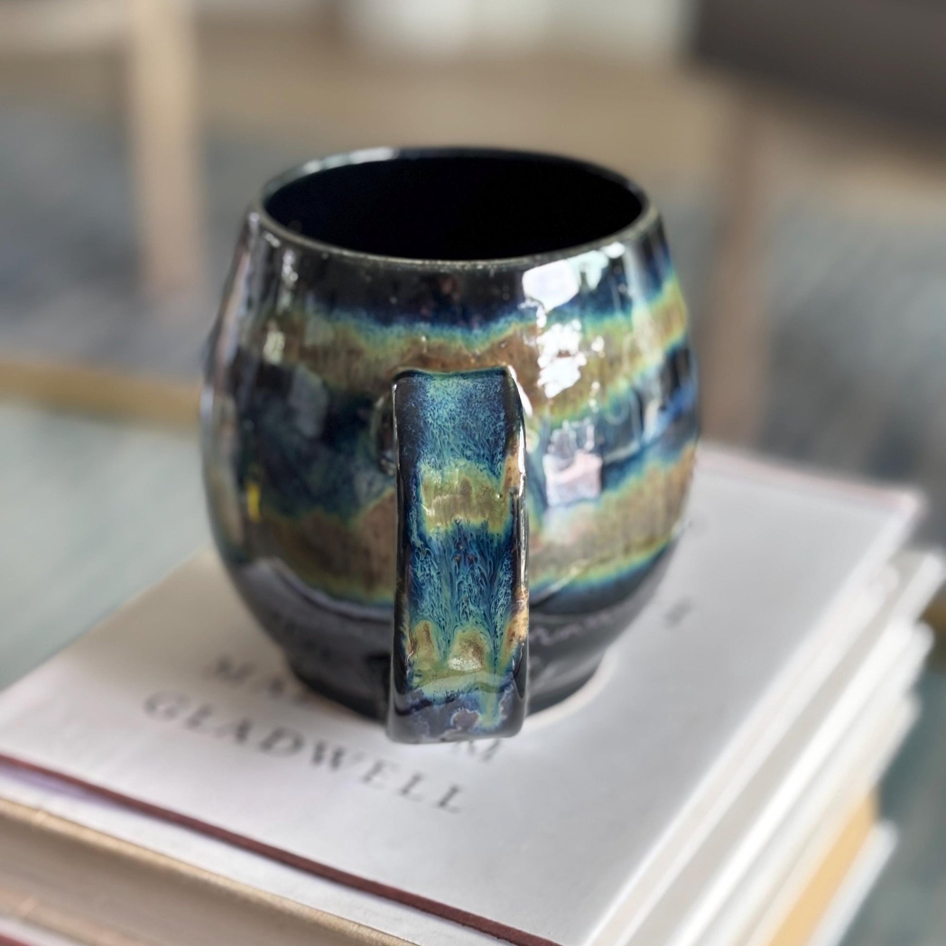 Rustic Handmade Stoneware Mug: Black, Blue & Green Spotty Glaze - Vakili Art
