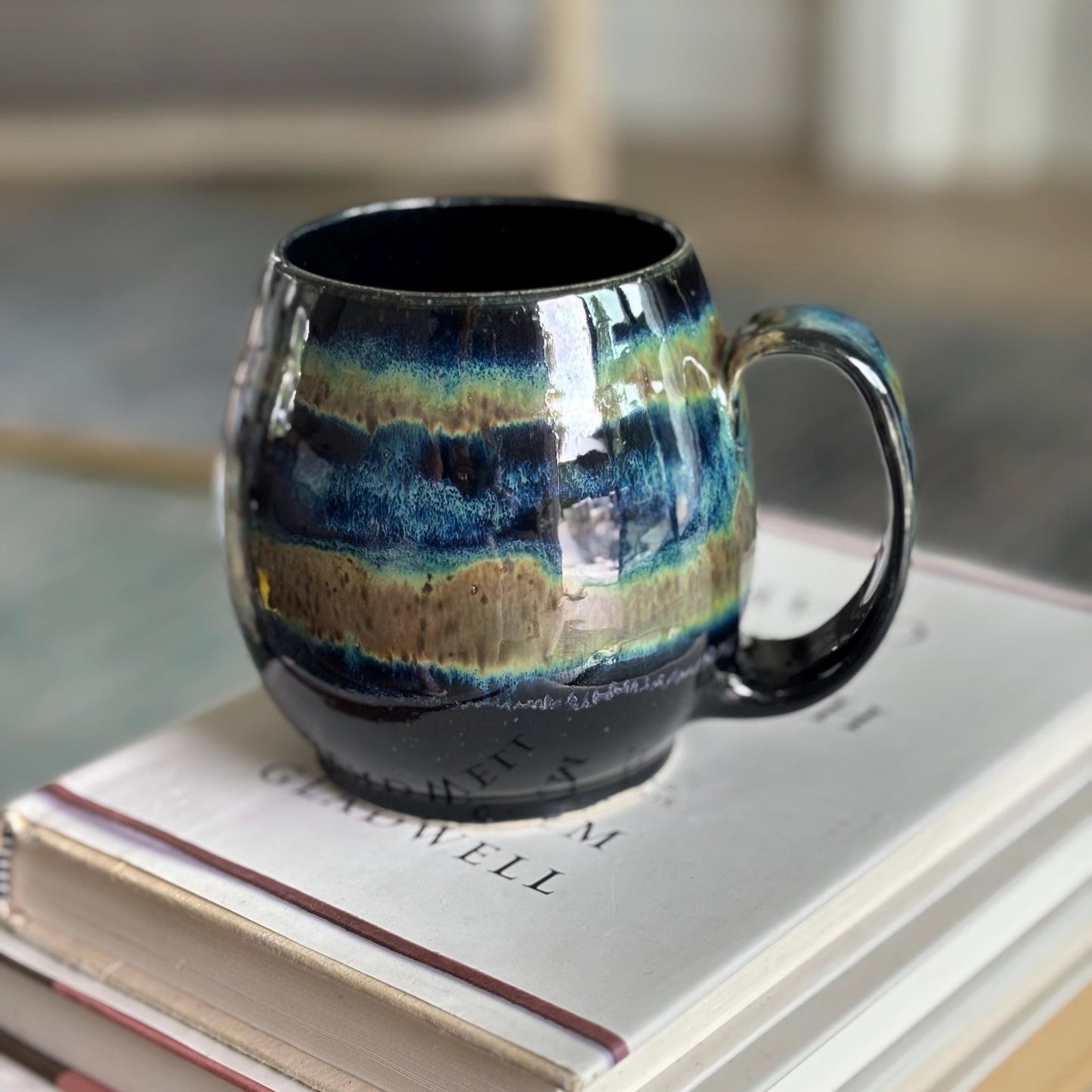 Rustic Handmade Stoneware Mug: Black, Blue & Green Spotty Glaze - Vakili Art