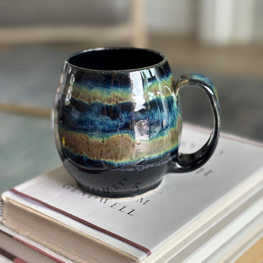 Rustic Handmade Stoneware Mug: Black, Blue & Green Spotty Glaze - Vakili Art