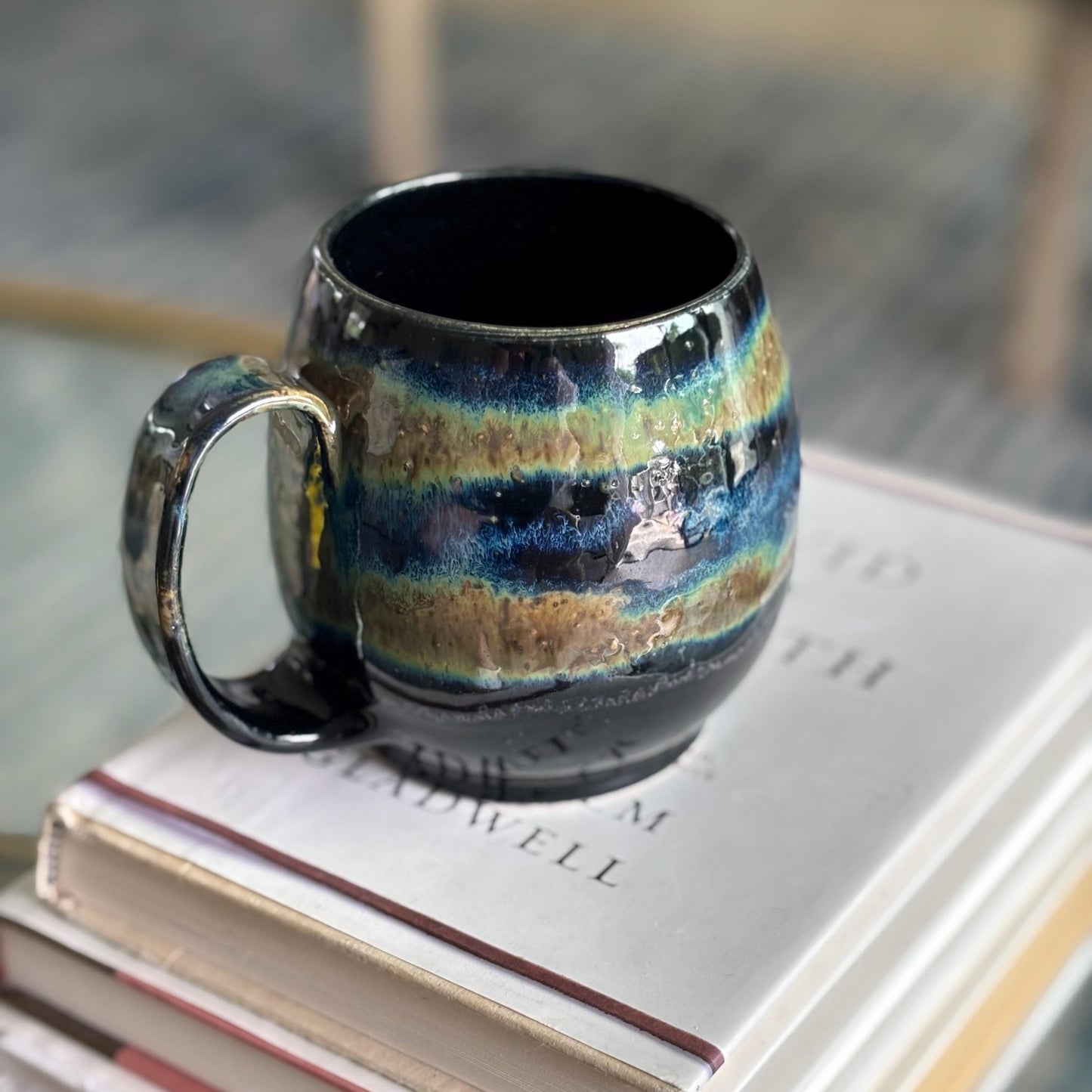Rustic Handmade Stoneware Mug: Black, Blue & Green Spotty Glaze - Vakili Art