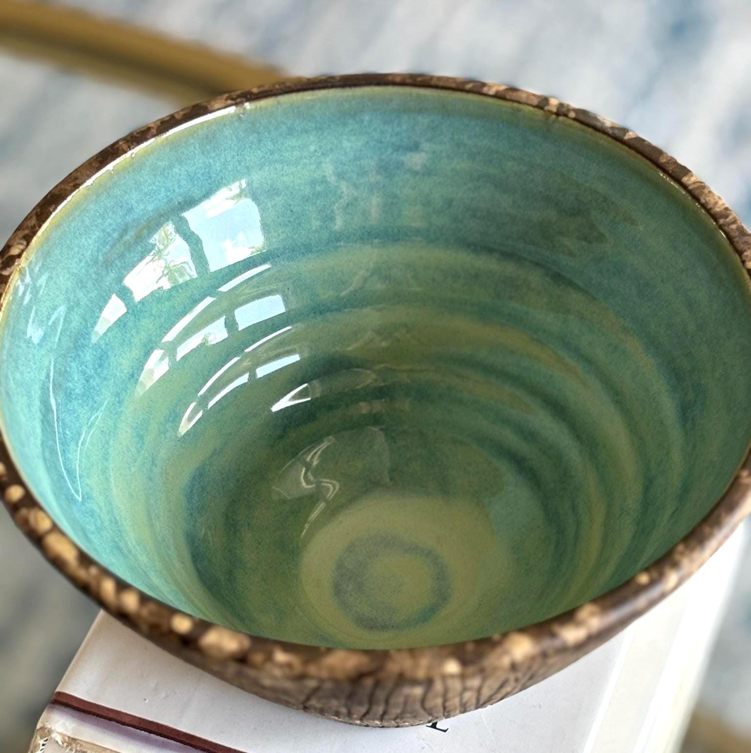 Rustic Turquoise Ceramic Bowl – V - Shaped Textured Pottery, Brown & Blue - Green Handmade Decorative Centerpiece, Carved Stoneware Art Bowl - Vakili Art