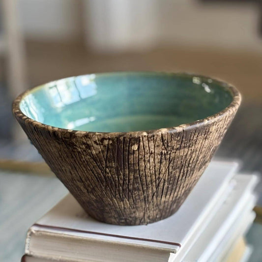 Rustic Turquoise Ceramic Bowl – V - Shaped Textured Pottery, Brown & Blue - Green Handmade Decorative Centerpiece, Carved Stoneware Art Bowl - Vakili Art